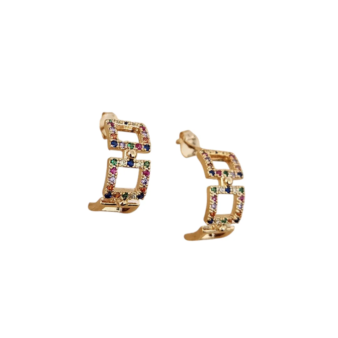 BRINCO MEIA ARGOLA QUADRADOS CRAVEJADA EM MICROZIRCÔNIAS COLORIDAS