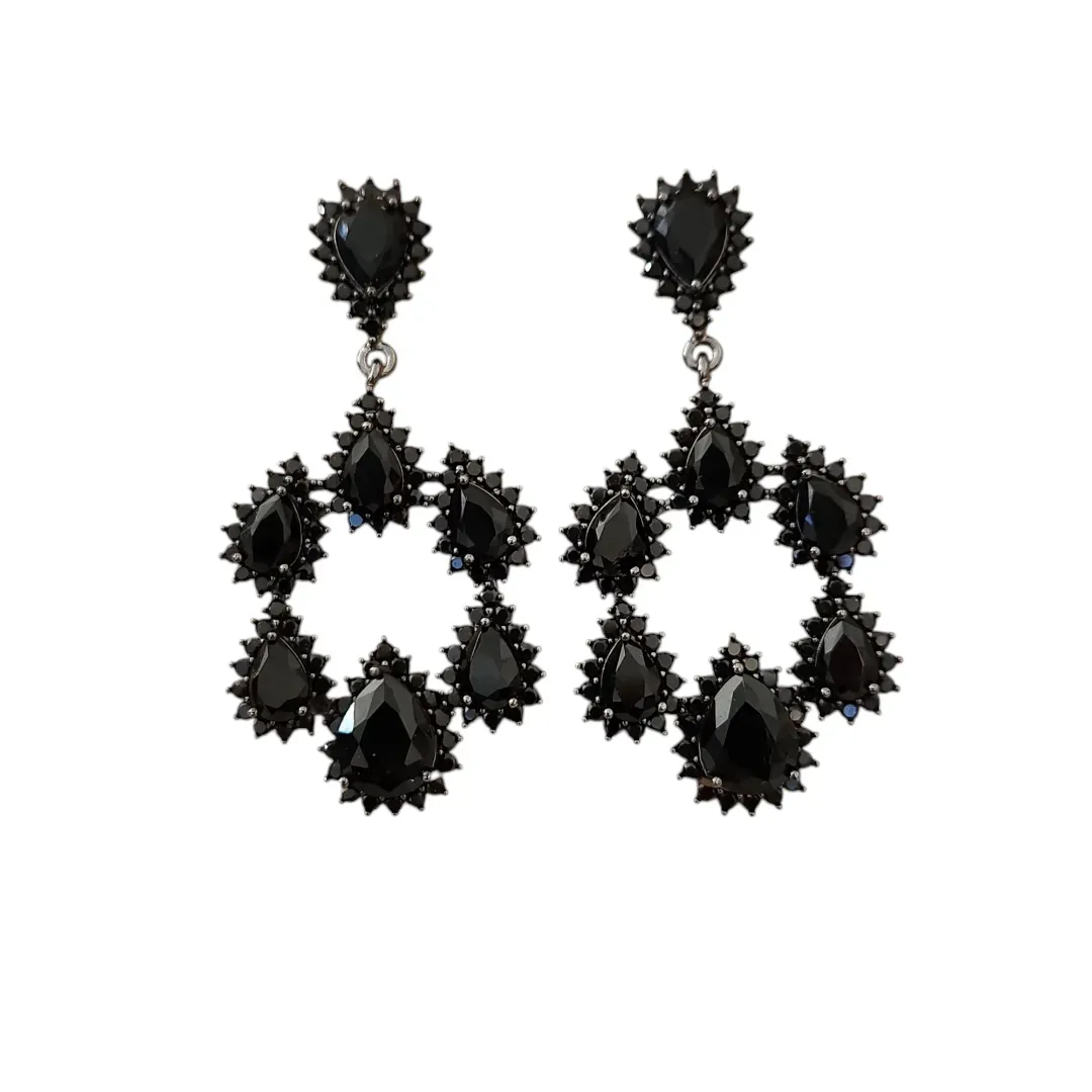 BRINCO RÓDIO NEGRO FESTA GOTAS ZIRCÔNIAS NEGRAS