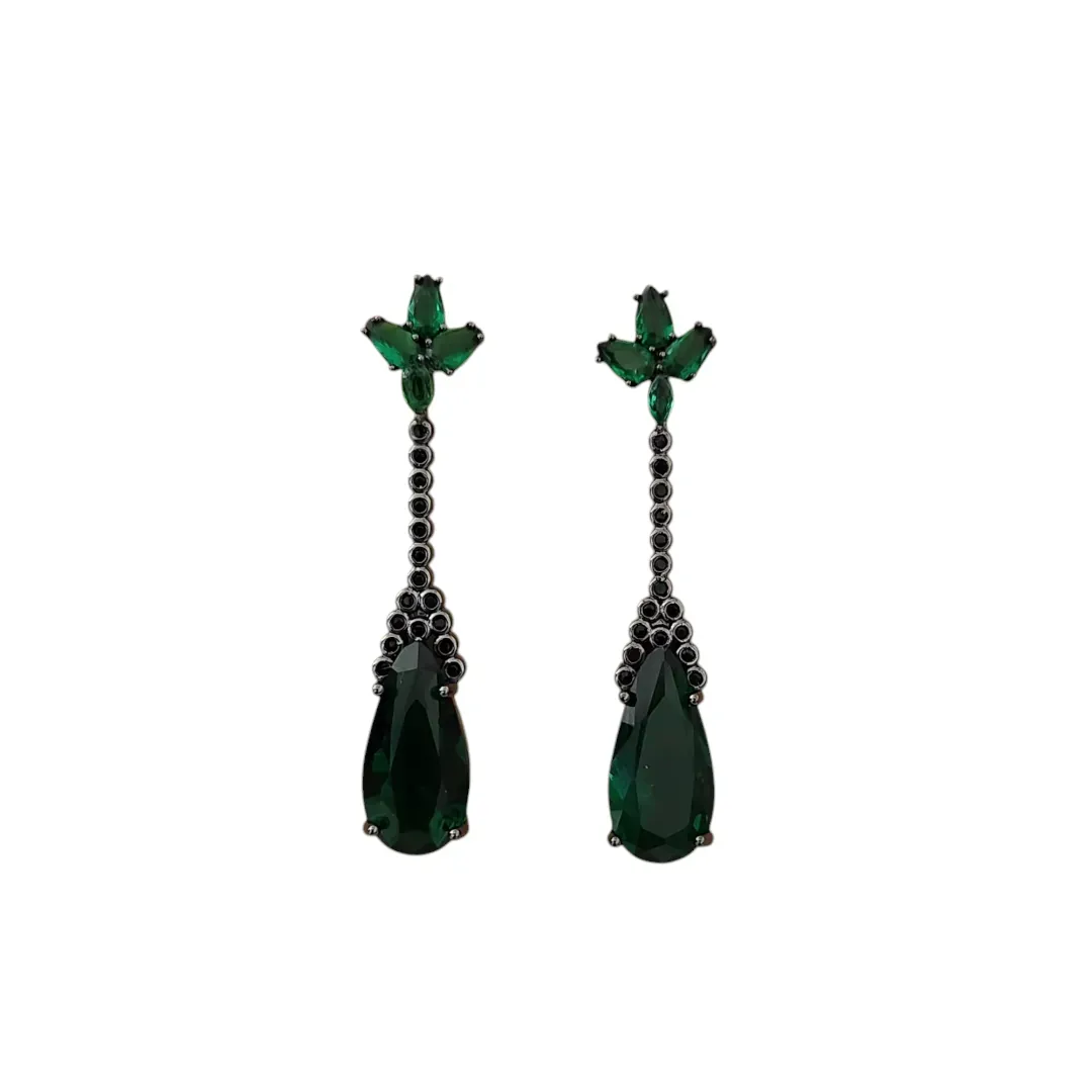 BRINCO FESTA RÓDIO NEGRO PENDULO PEDRA ESMERALDA CRAVEJADO MICROZIRCÔNIAS NEGRAS
