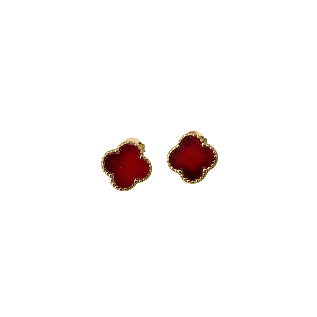 BRINCOS TREVO DE QUATRO FOLHAS VERMELHO BANHO OURO