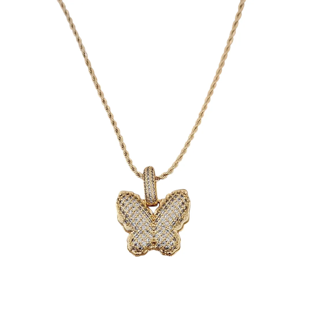 COLAR CHOKER CORRENTE BAIANA 30+10CM COM PINGENTE BORBOLETA CRAVEJADO EM MICROZIRCÔNIAS CRISTAL