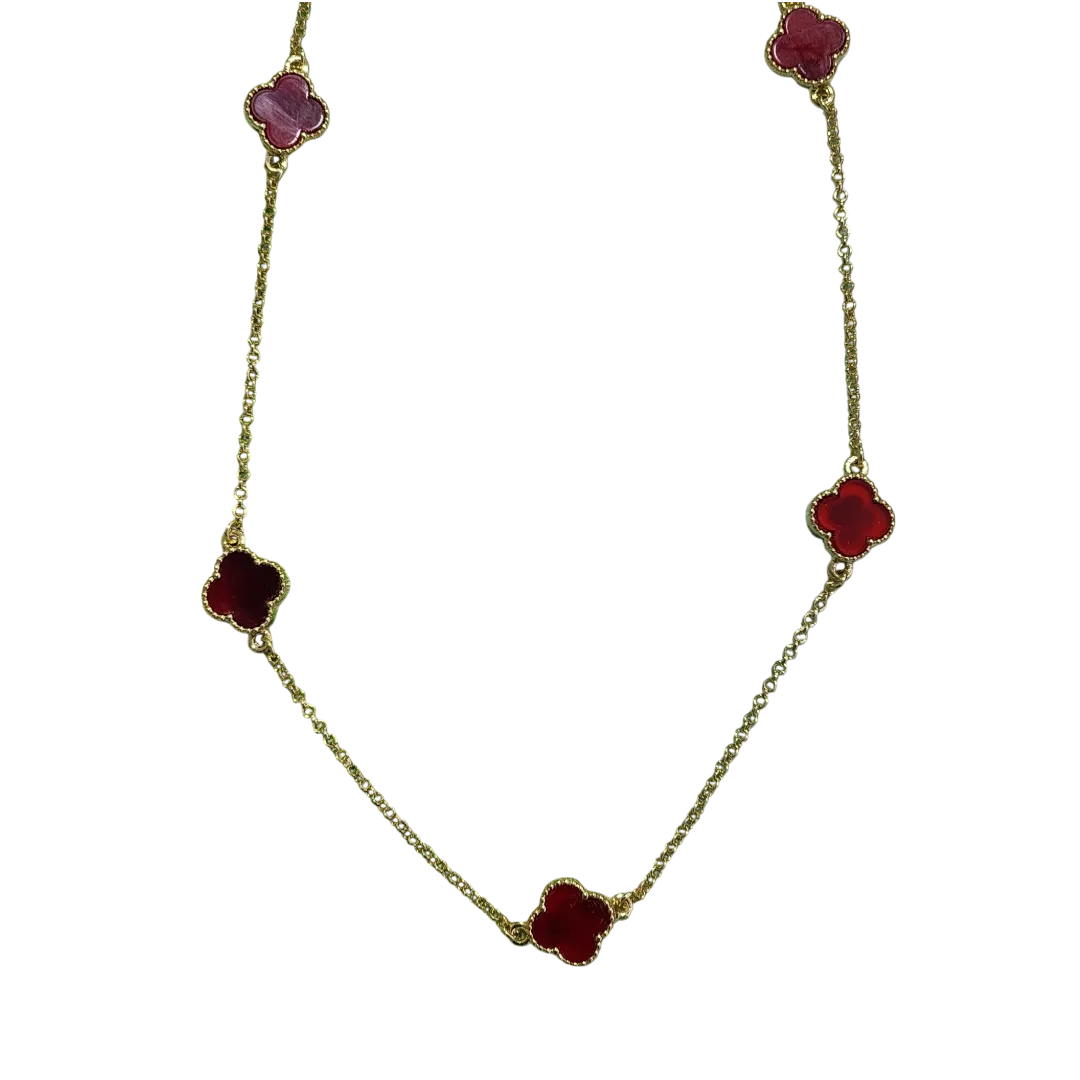 COLAR COM 5 PINGENTES TREVO DE QUATRO FOLHAS  VERMELHO BANHO OURO