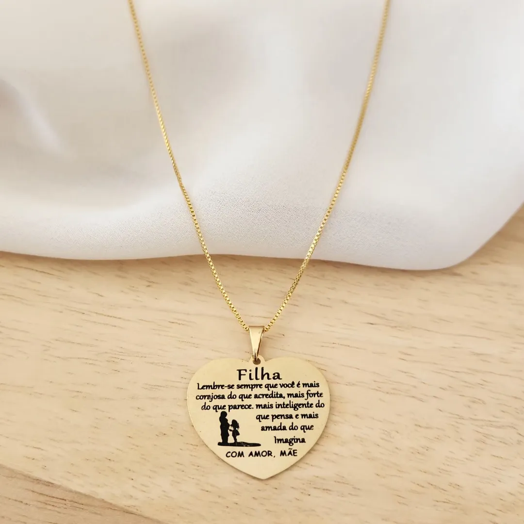 COLAR VENEZIANA COM PINGENTE DOURADO CORAÇÃO MENSAGEM DE AMOR PARA FILHA