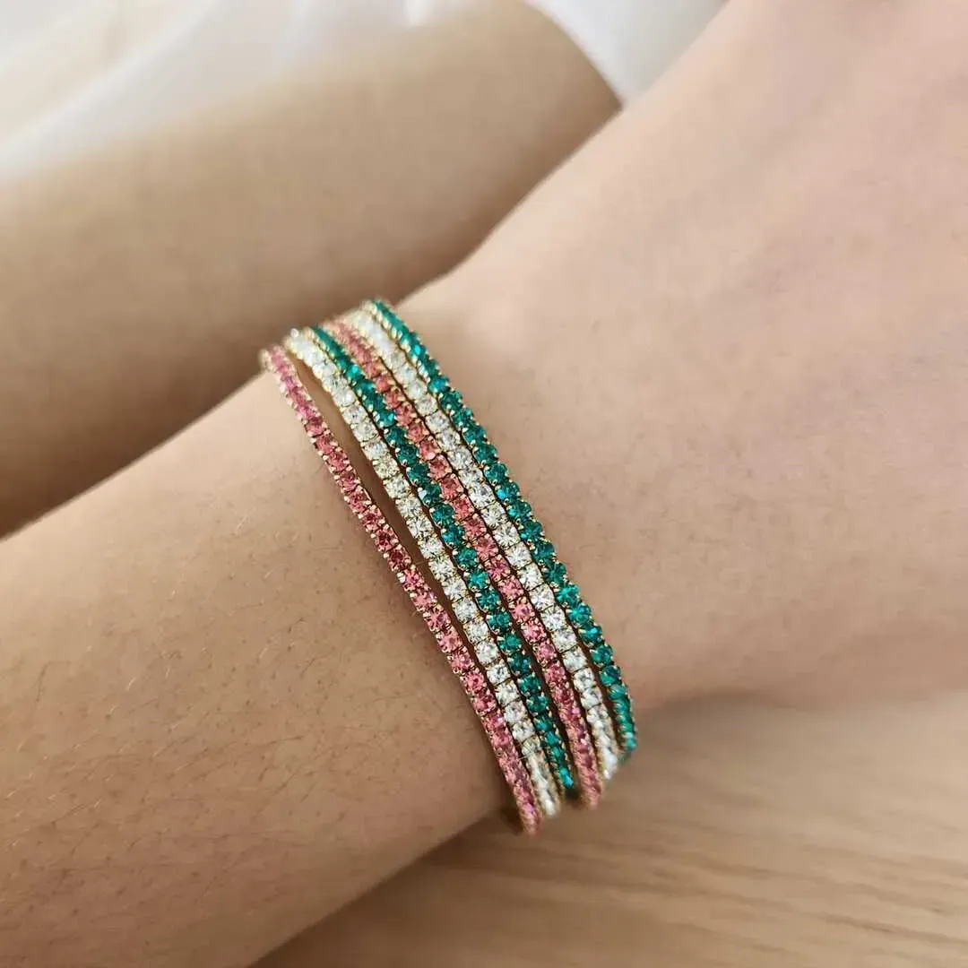 KIT 6 PULSEIRAS ZIRCÔNIAS CRISTAL, VERDE E ROSA