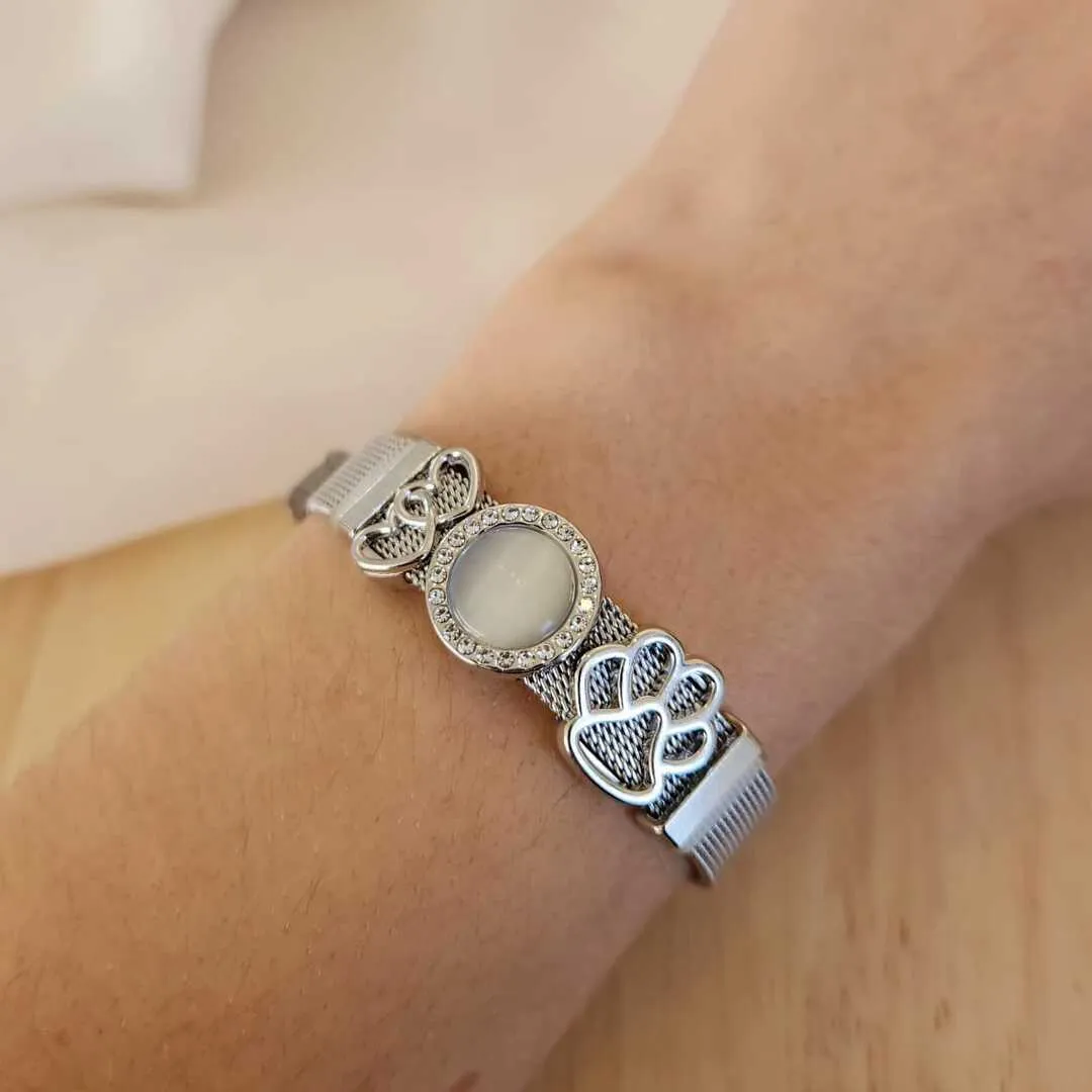 PULSEIRA AÇO AJUSTÁVEL COM CHARMS CORAÇÃO DUPLO/CIRCULO COM MADREPÉROLA/PATINHA DE CACHORRO
