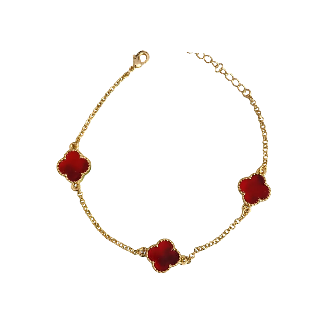 PULSEIRA COM 3 PINGENTES TREVO DE QUATRO FOLHAS VERMELHO RESINA INSPIRAÇÃO ALHAMBRA DE VAN CLEEF