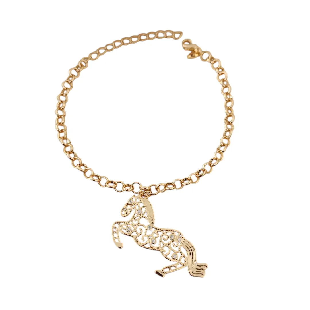 PULSEIRA DOURADA ELO PORTUGUÊS PINGENTE CAVALO