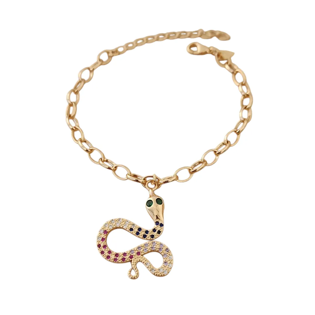 PULSEIRA DOURADA ELOS PINGENTE COBRA CRAVEJADO EM MICROZIRCÔNIAS COLORIDAS