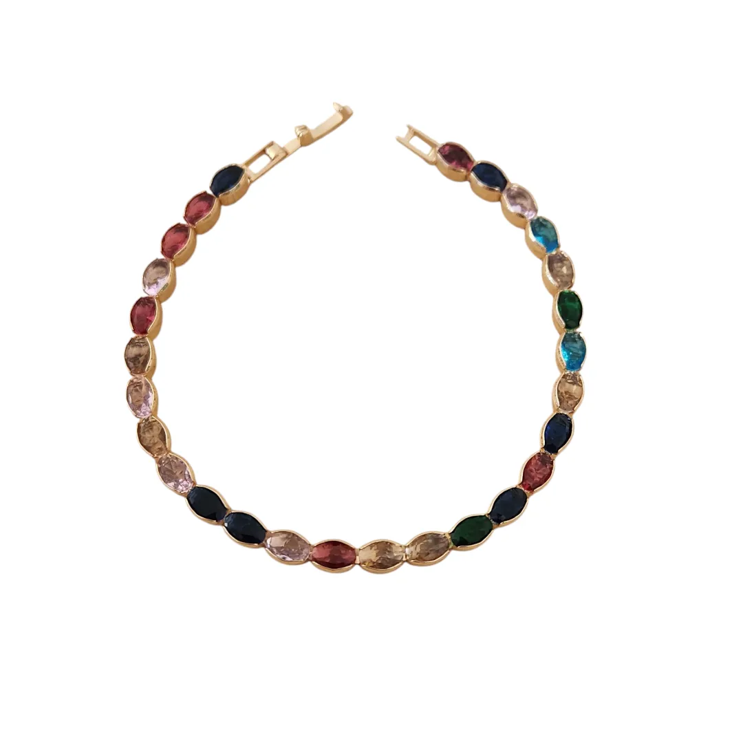 PULSEIRA DOURADA NAVETES OVAIS COLORIDAS