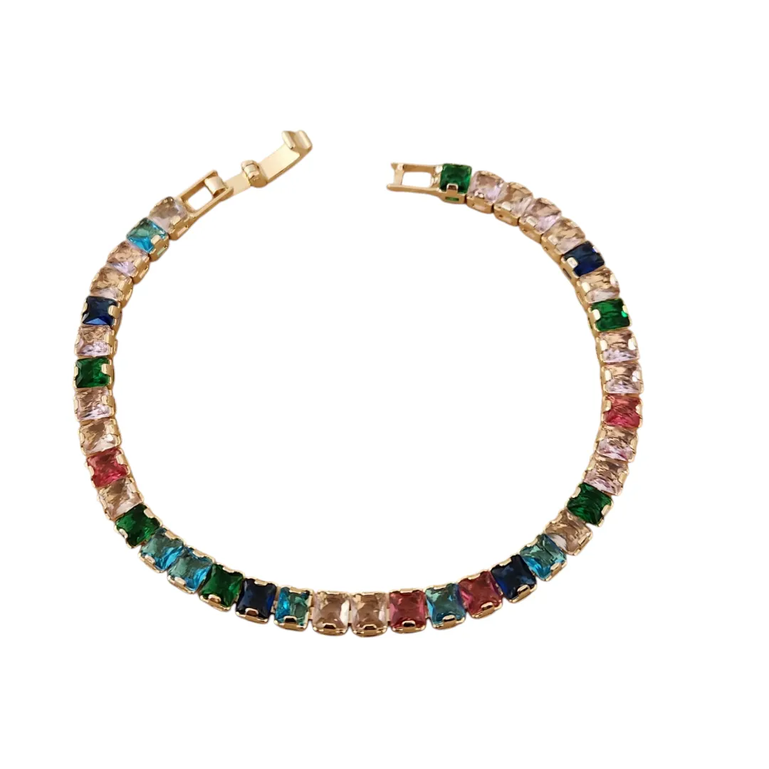 PULSEIRA DOURADA NAVETES QUADRADAS COLORIDA