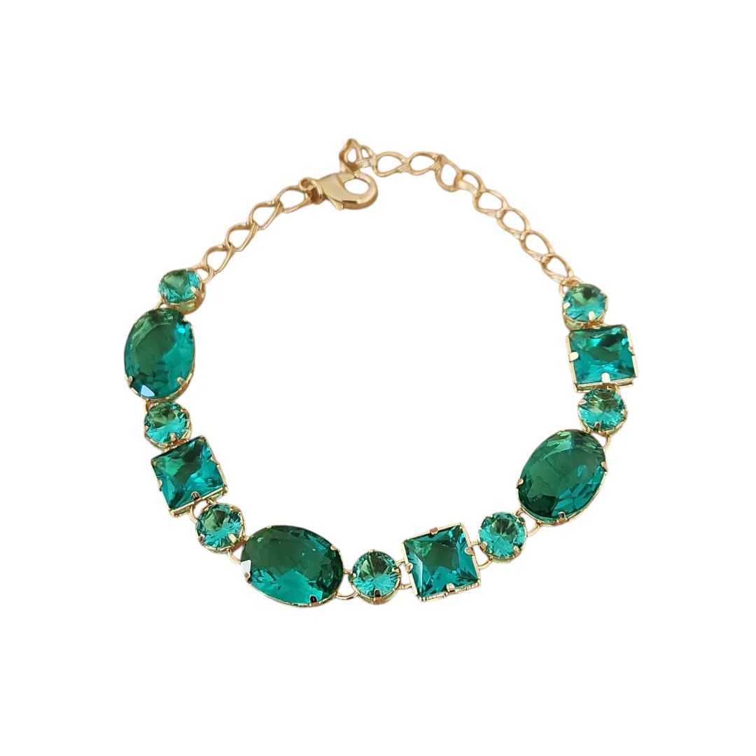 PULSEIRA LUXO PEDRAS FORMAS VERDE ESMERALDA