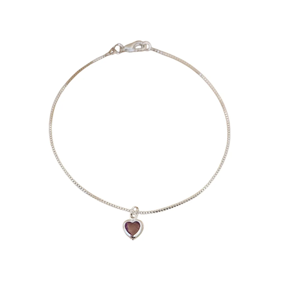 PULSEIRA VENEZIANA PINGENTE CORAÇÃO LILÁS BANHO DE PRATA