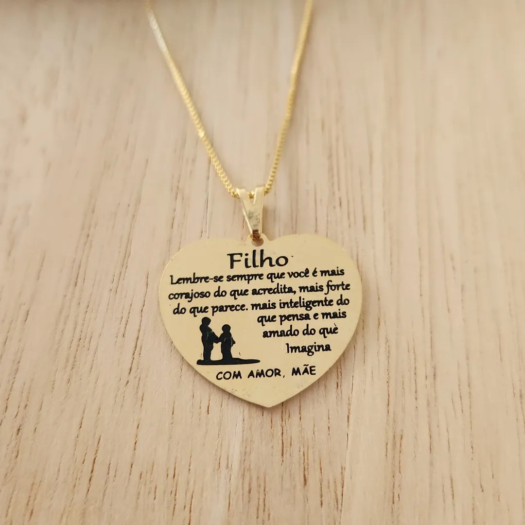 COLAR VENEZIANA COMPINGENTE DOURADO CORAÇÃO MENSAGEM DE AMOR PARA FILHO
