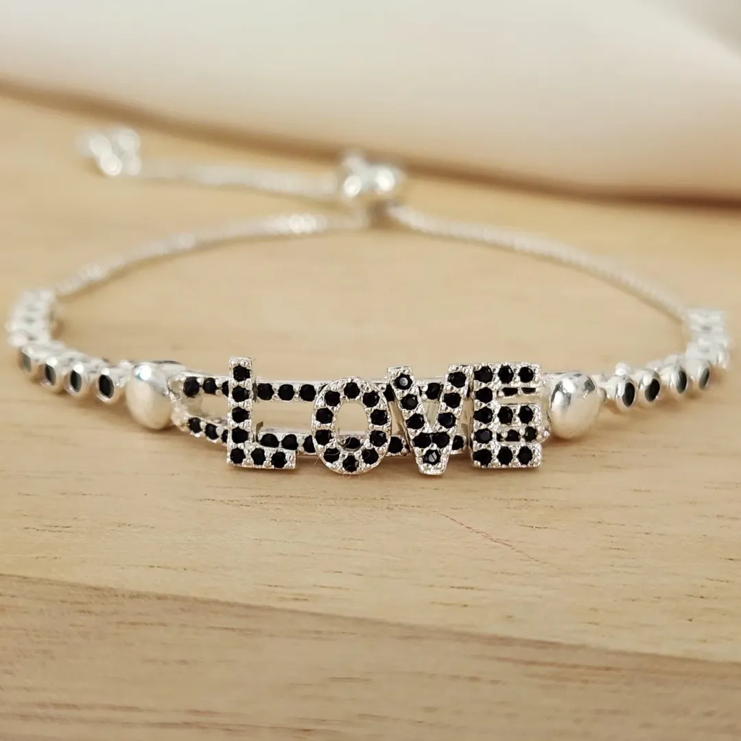 PULSEIRA SHAMBALA RÓDIO BRANCO LOVE CRAVEJADO MICROZIRCÔNIAS NEGRAS