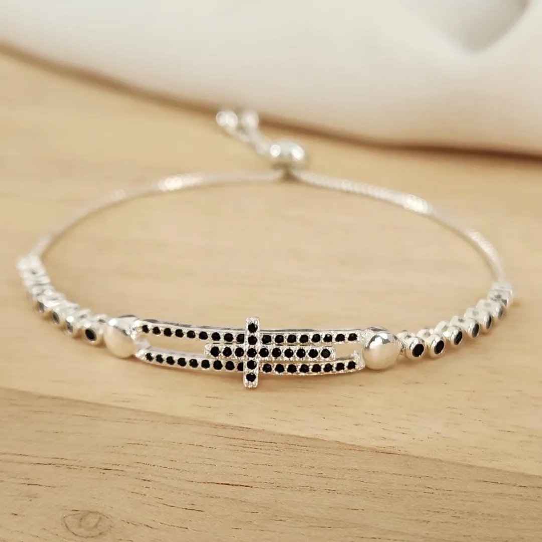 PULSEIRA SHAMBALA RÓDIO BRANCO CRUZ CRAVEJADA MICROZIRCÔNIAS NEGRAS
