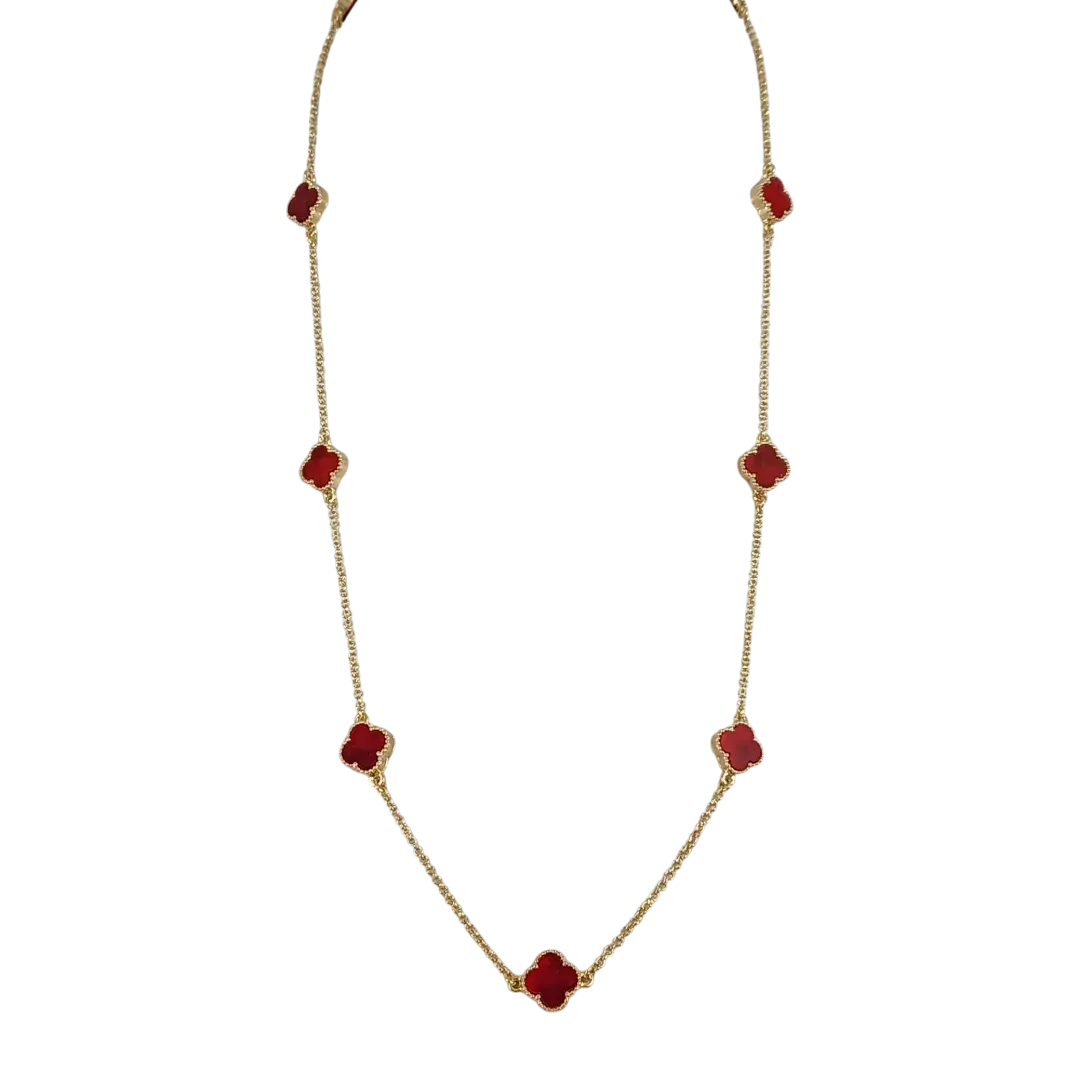 COLAR COM 9 PINGENTES TREVO DE QUATRO FOLHAS VERMELHO BANHO OURO 70CM