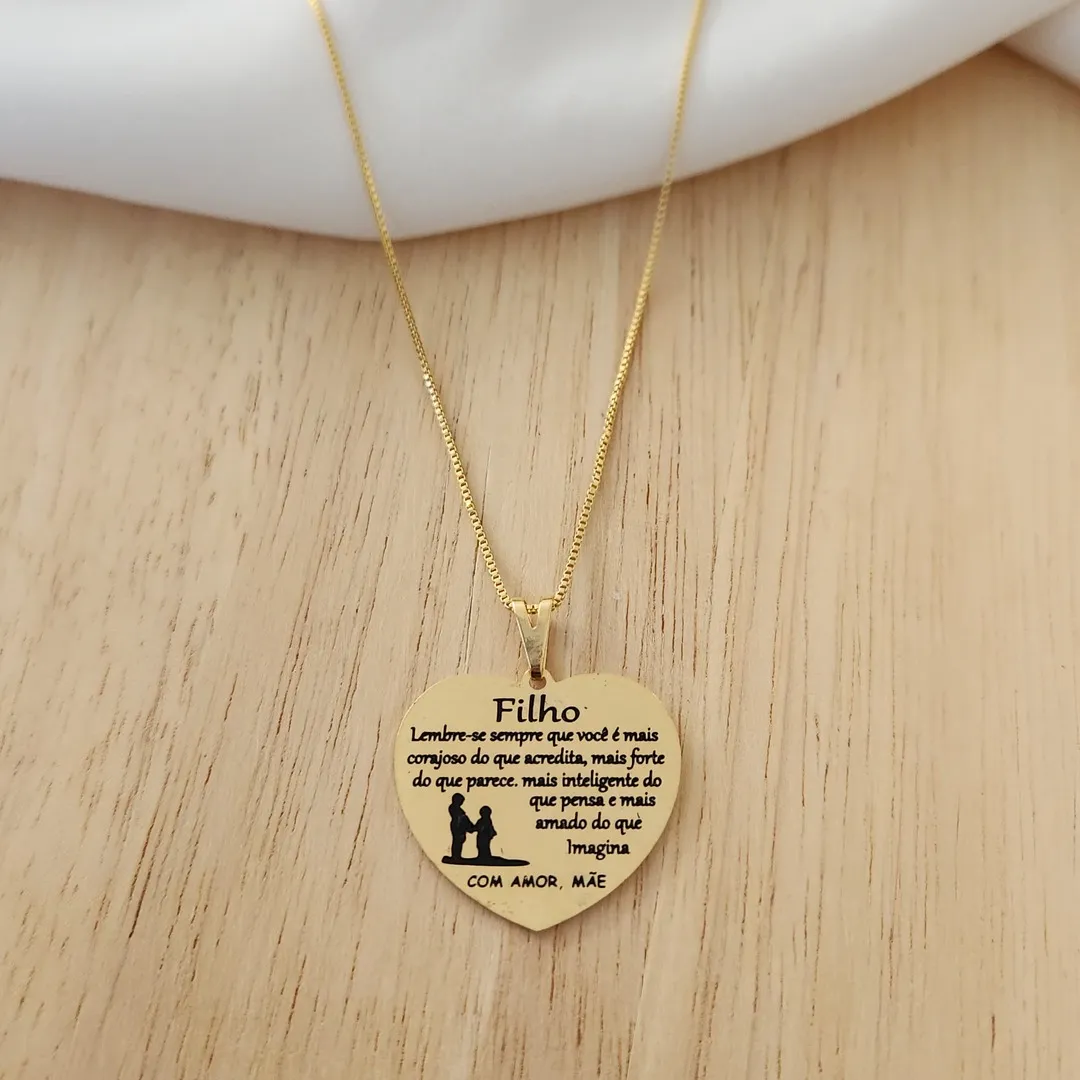 COLAR VENEZIANA COMPINGENTE DOURADO CORAÇÃO MENSAGEM DE AMOR PARA FILHO