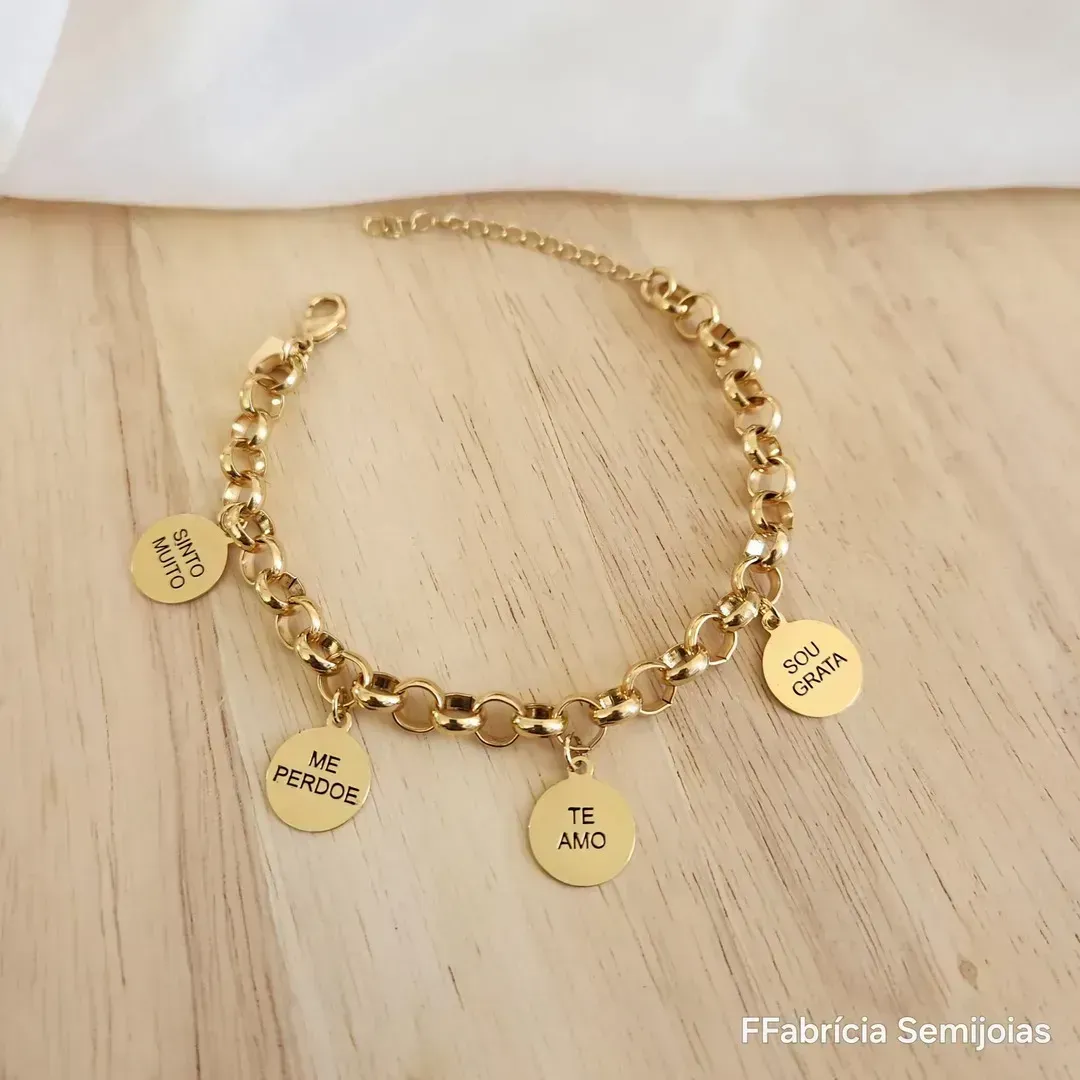 PULSEIRA DOURADA CORRENTE ELO PORTUGUÊS SINTO MUITO, ME PERDOE, TE AMO, SOU GRATA - HO'HOPONOPONO