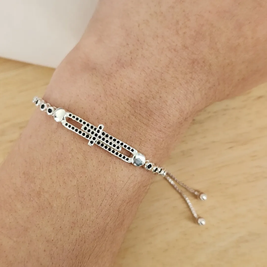 PULSEIRA SHAMBALA RÓDIO BRANCO CRUZ CRAVEJADA MICROZIRCÔNIAS NEGRAS