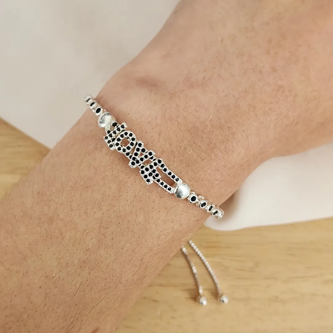 PULSEIRA SHAMBALA RÓDIO BRANCO LOVE CRAVEJADO MICROZIRCÔNIAS NEGRAS