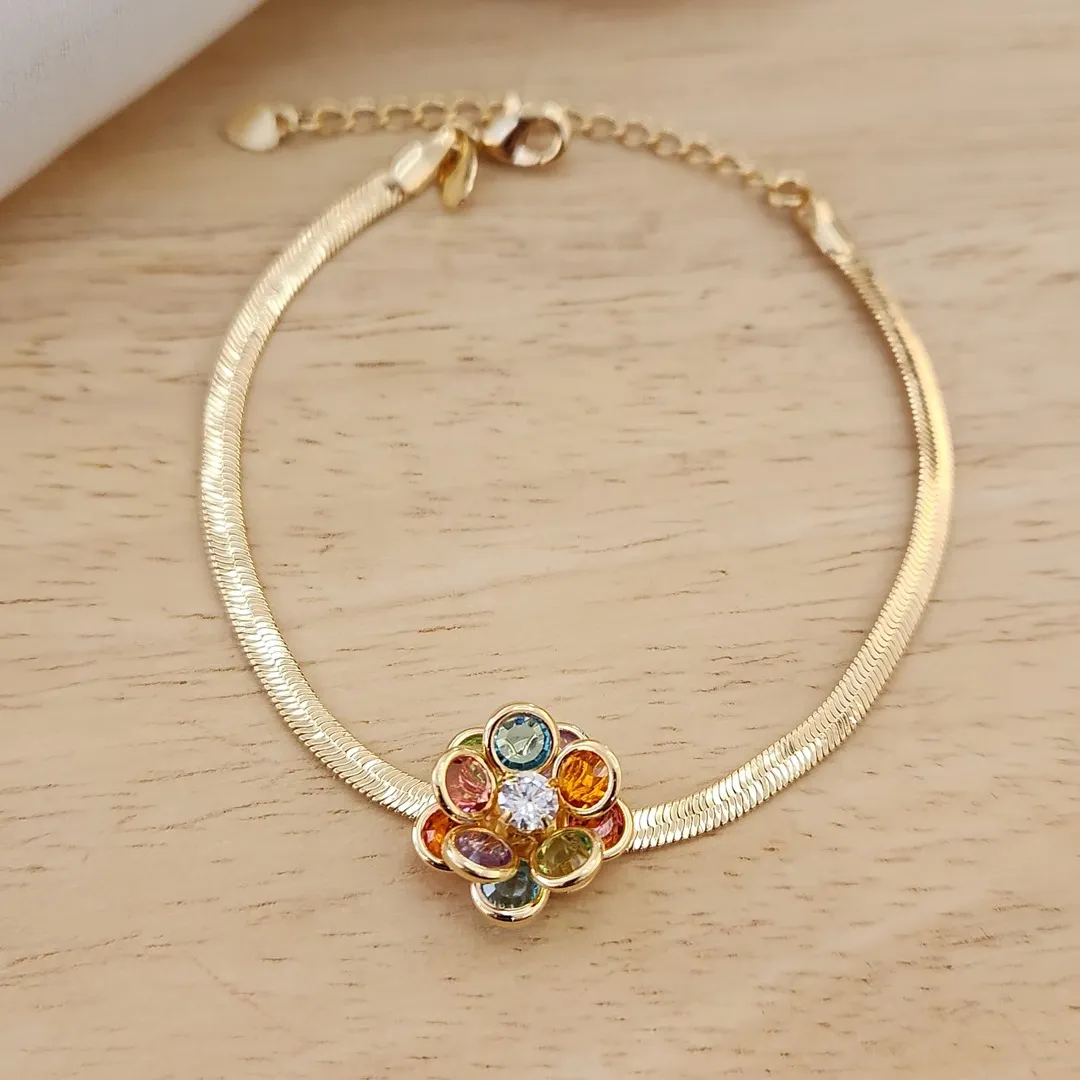 PULSEIRA FITAL COM PINGENTE FIXO DE FLOR TONS COLORIDOS