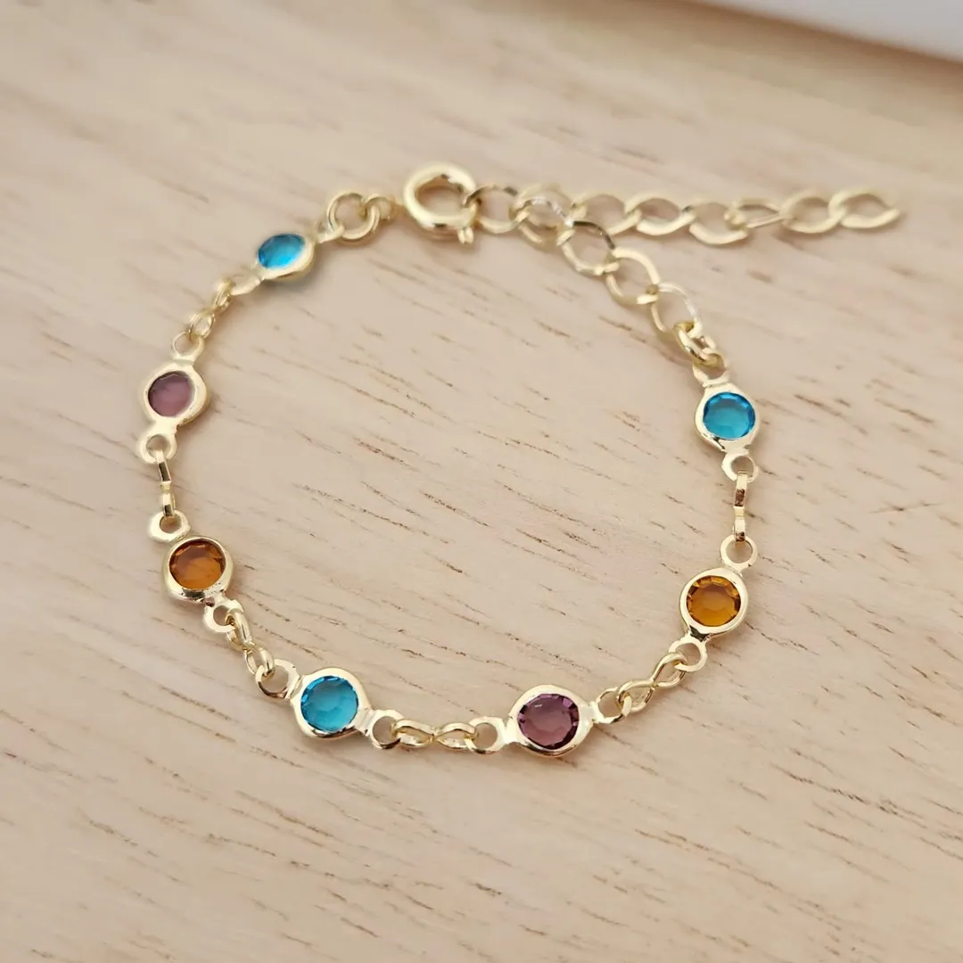 PULSEIRA INFANTIL BEBÊ CORRENTE PEDRAS COLORIDAS 4MM 10+5CM