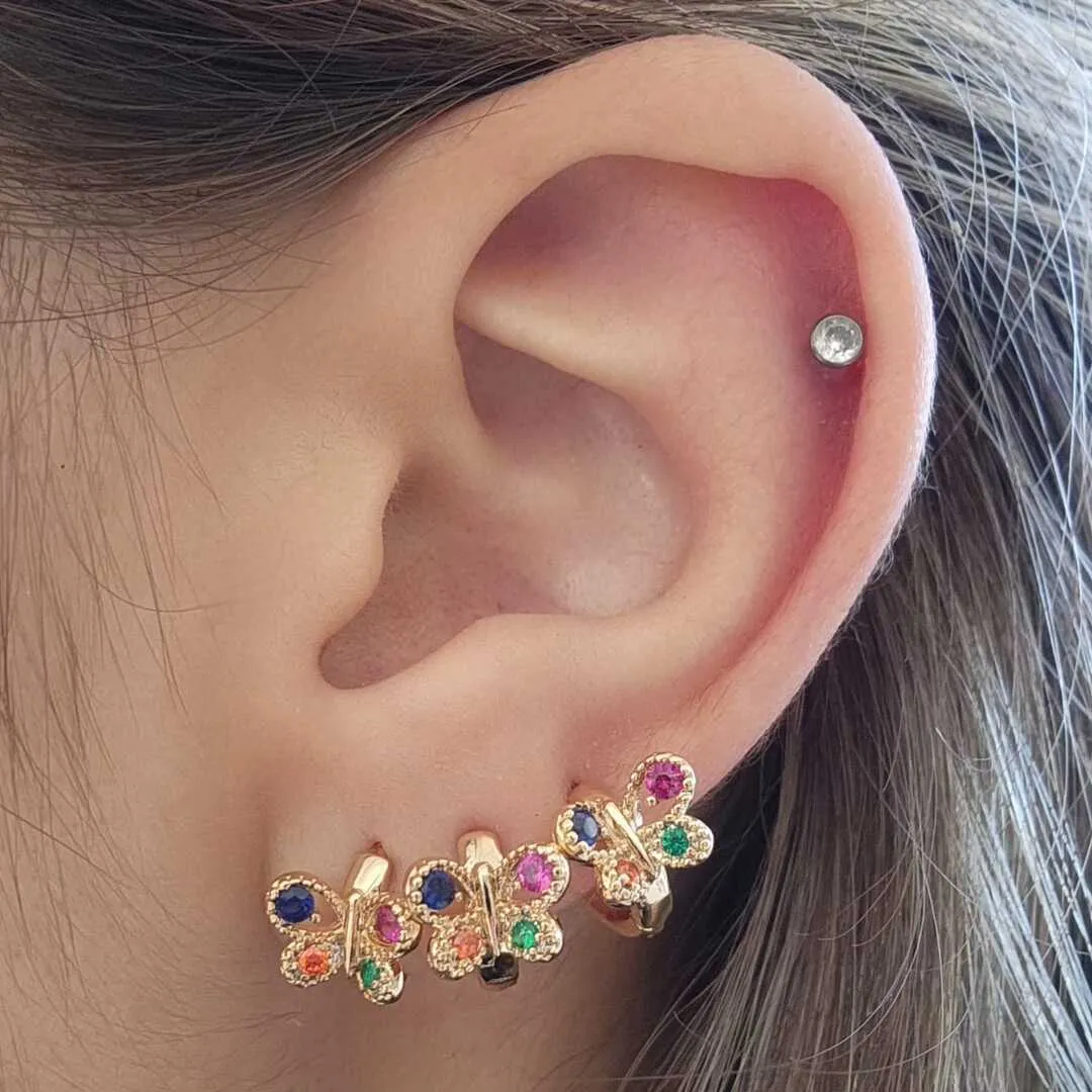 TRIO ARGOLINHAS BORBOLETAS CRAVEJADAS EM ZIRCÔNIAS COLORIDAS TAMANHOS IGUAIS