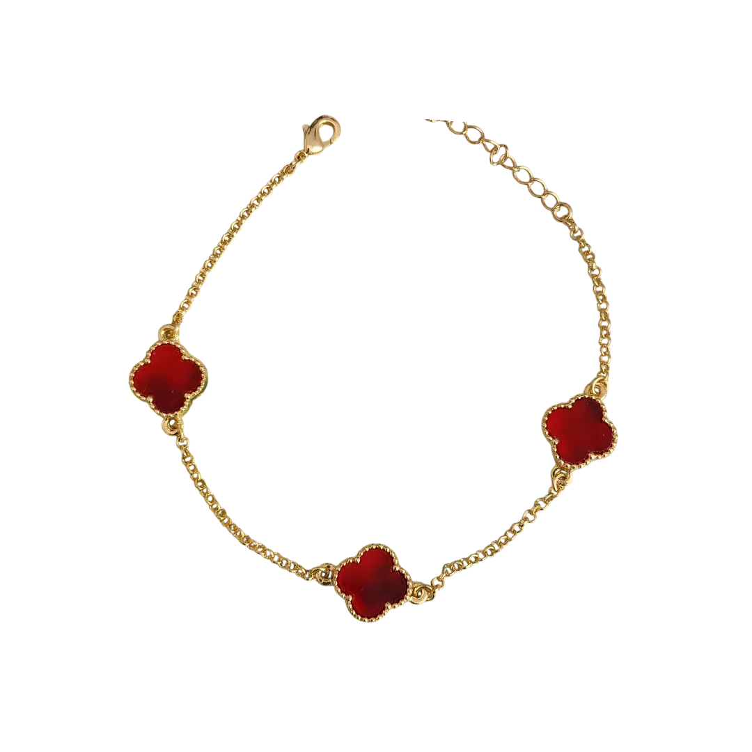 PULSEIRA COM 3 PINGENTES TREVO DE QUATRO FOLHAS VERMELHO RESINA INSPIRAÇÃO ALHAMBRA DE VAN CLEEF