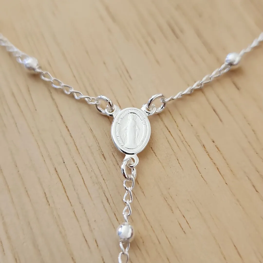 COLAR TERÇO PRATA NOSSA SENHORA DAS GRAÇAS E CRUZ