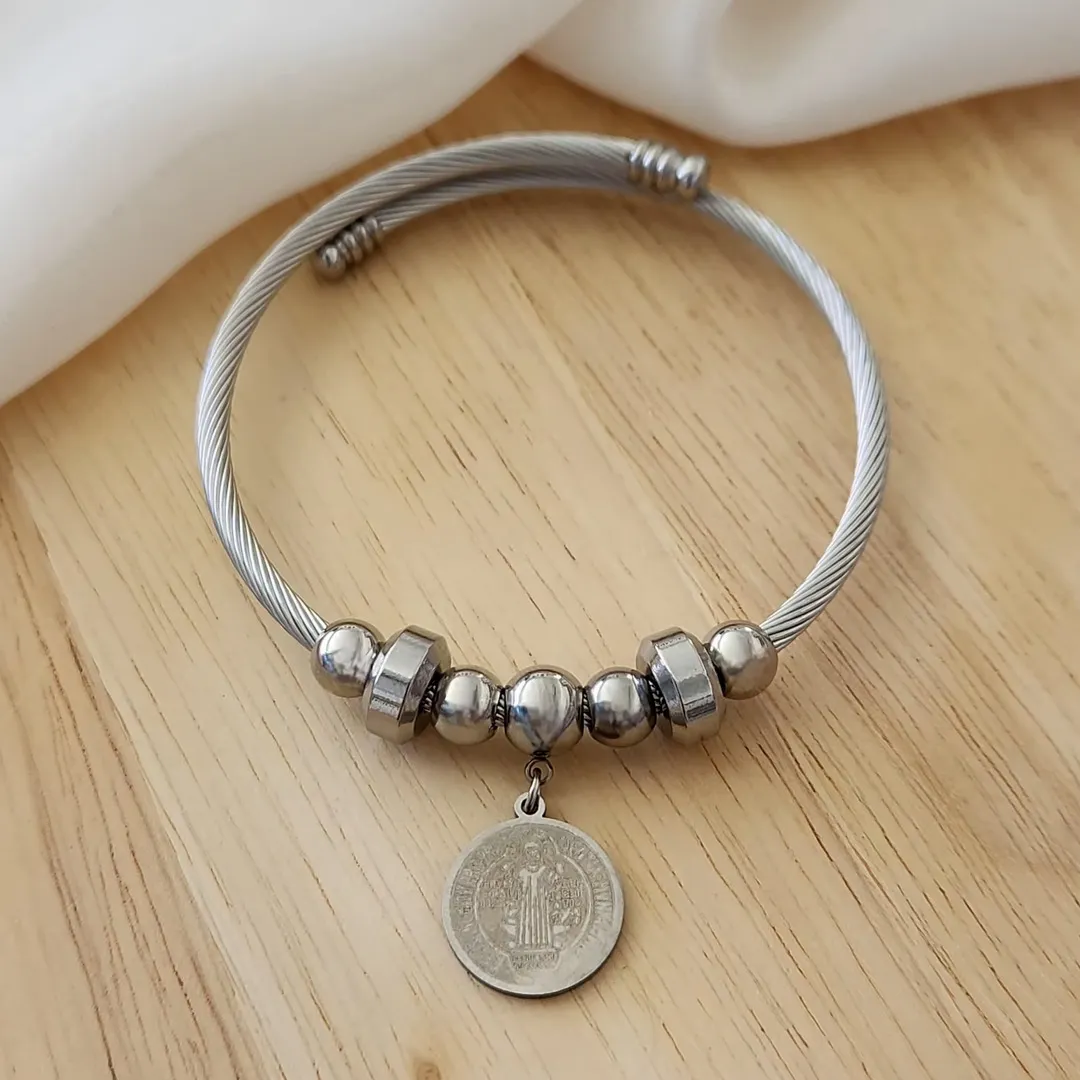 BRACELETE PULSEIRA AÇO PINGENTES E SÃO BENTO
