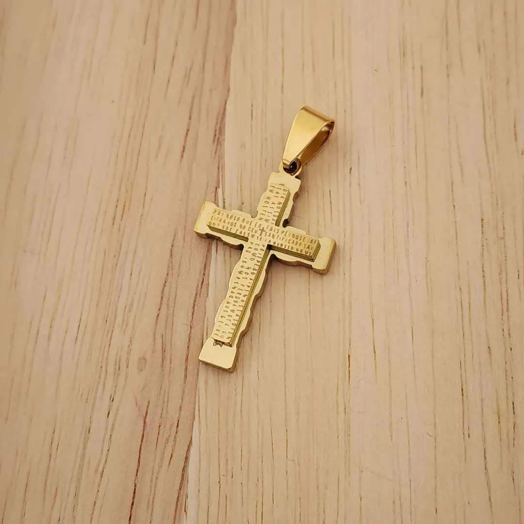 PINGENTE AÇO DOURADO CRUZ PAI NOSSO