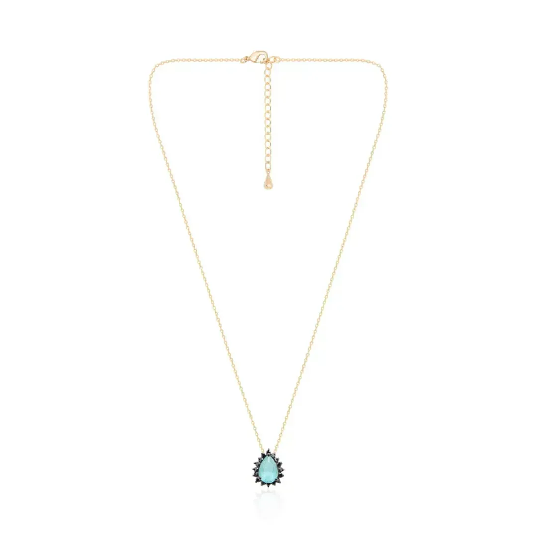 COLAR DOURADO PINGENTE GOTA ÁGUA MARINHA MICROZIRCÔNIAS PRETAS