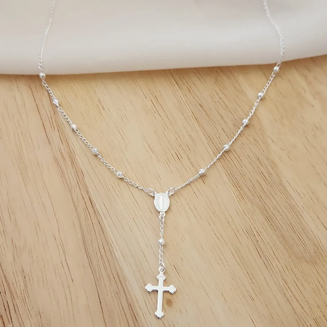 COLAR TERÇO PRATA NOSSA SENHORA DAS GRAÇAS E CRUZ