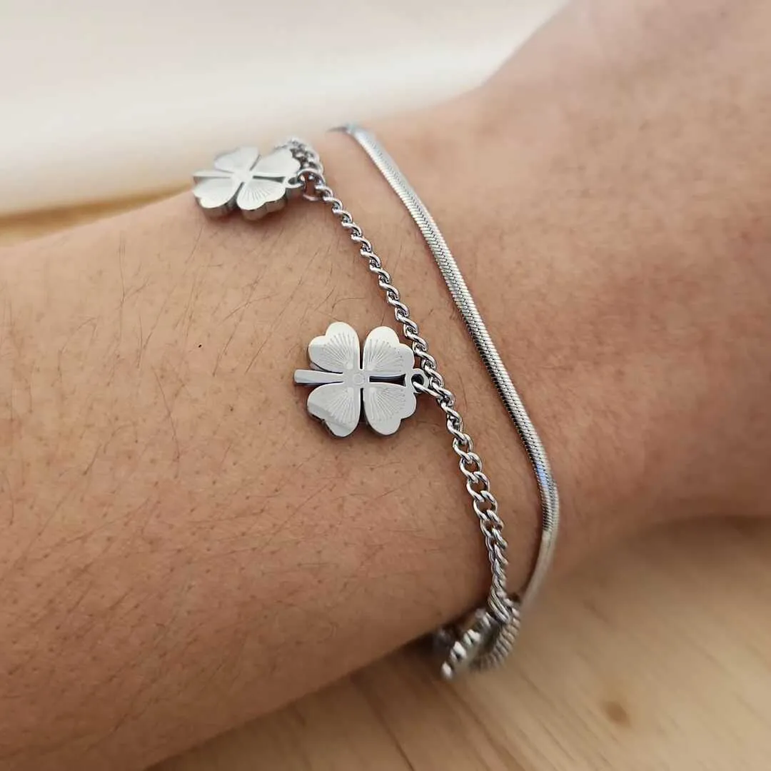 PULSEIRA AÇO DOIS FIOS TREVOS DE QUATRO FOLHAS