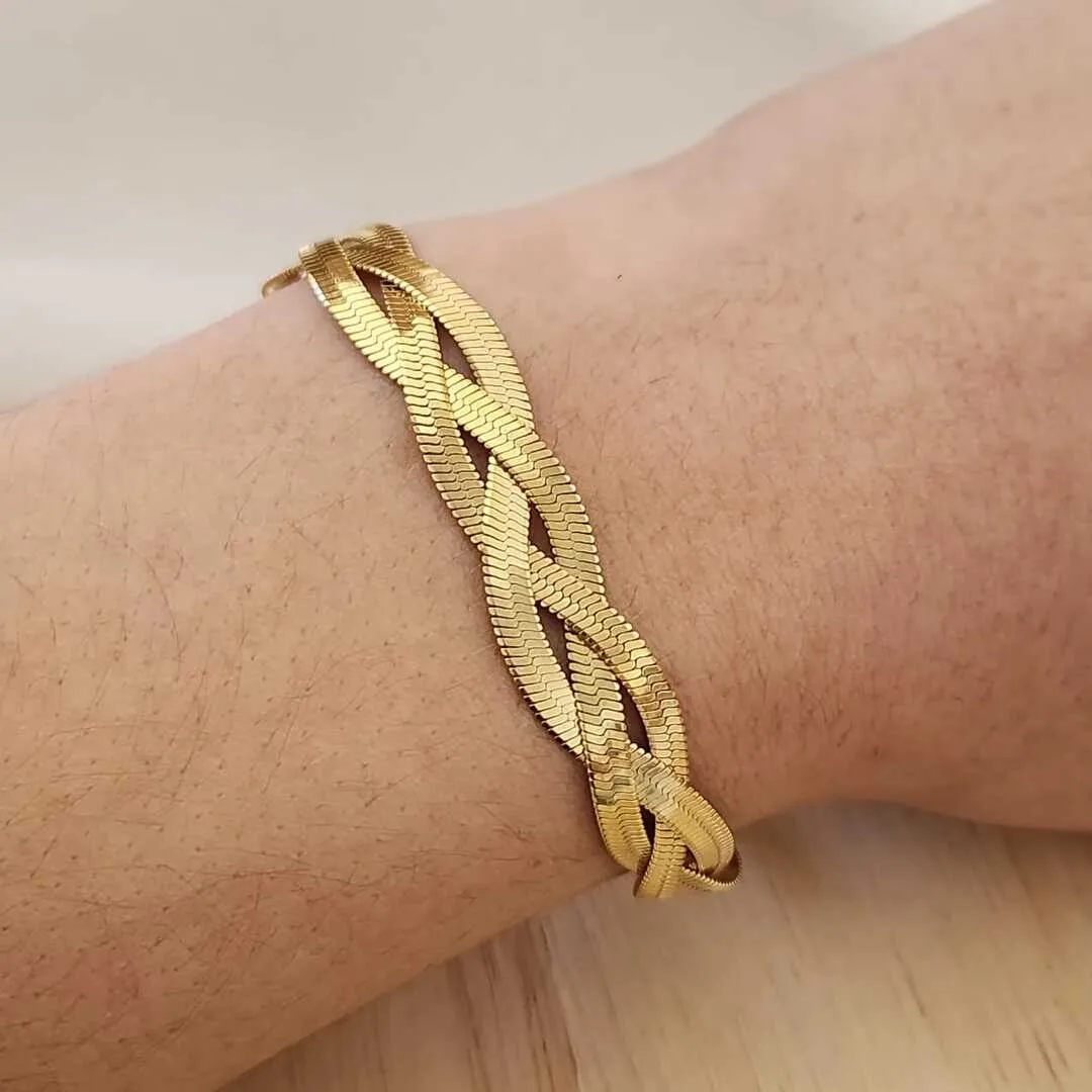 PULSEIRA AÇO DOURADO MALHA FITA MÉDIA TRÊS FIOS TRANÇADOS