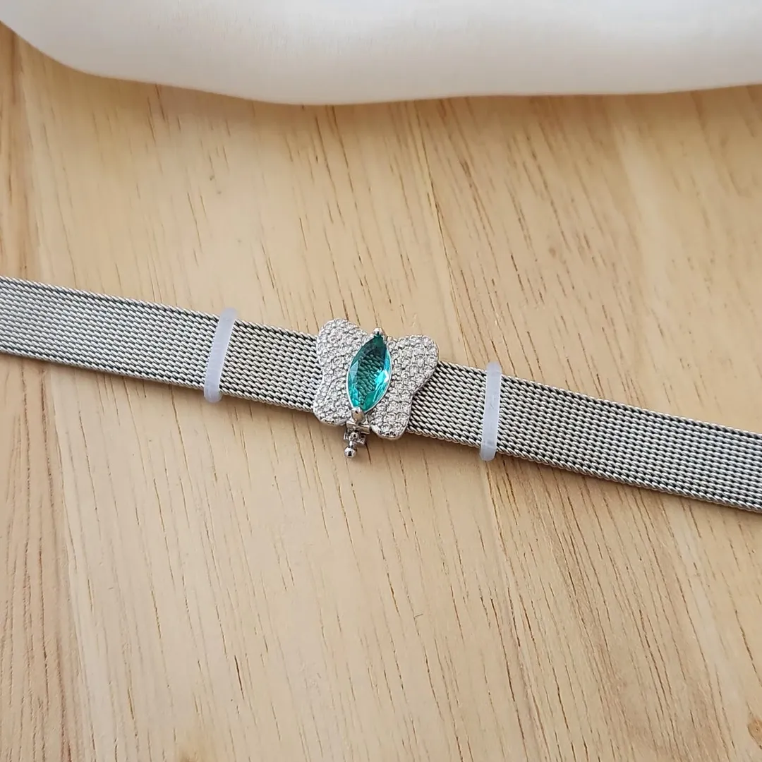 PULSEIRA RELÓGIO AÇO AJUSTÁVEL COM CHARM BORBOLETA CRAVEJADO