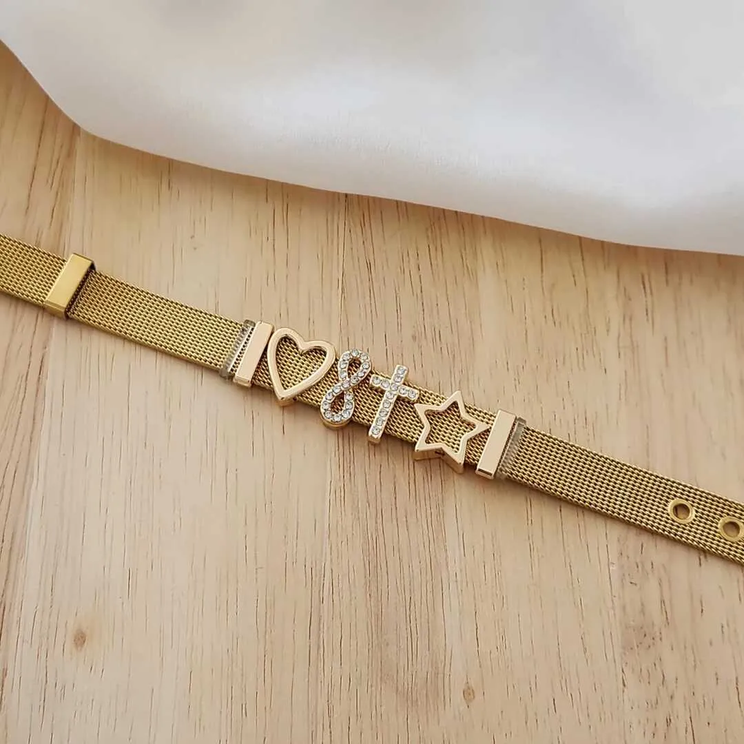 PULSEIRA RELÓGIO AÇO DOURADO AJUSTÁVEL COM CHARMS CORAÇÃO/INFINITO/CRUZ/ESTRELA