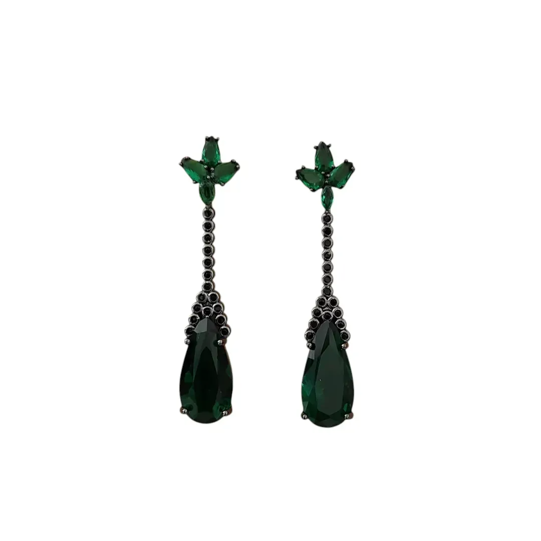 BRINCO FESTA RÓDIO NEGRO PENDULO PEDRA ESMERALDA CRAVEJADO MICROZIRCÔNIAS NEGRAS