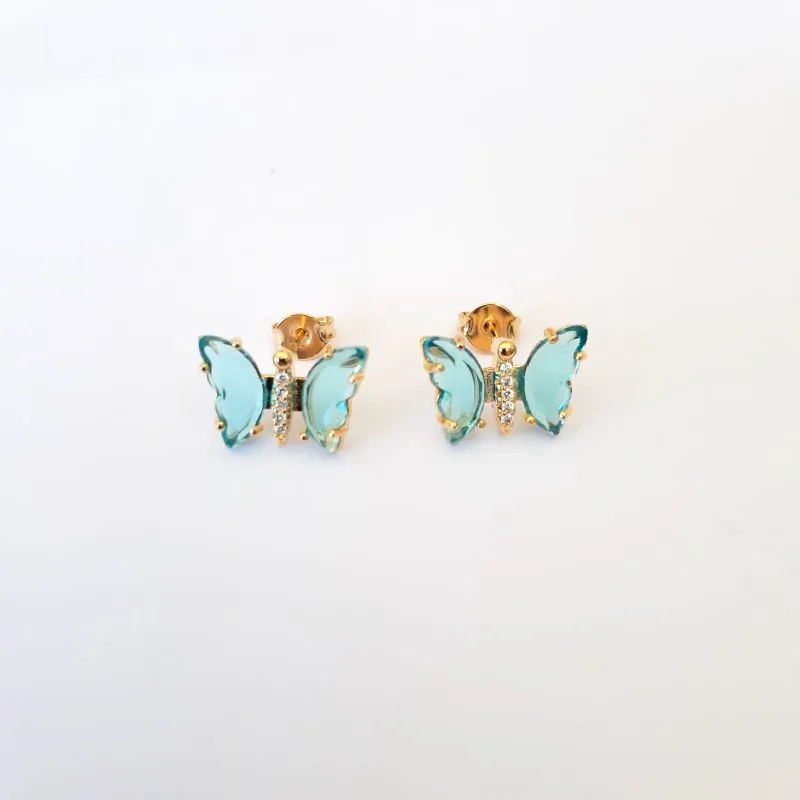 BRINCO DOURADO BORBOLETA ASA ZIRCÔNIA ÁGUA MARINHA CRAVEJADA EM MICROZIRCÔNIAS CRISTAL