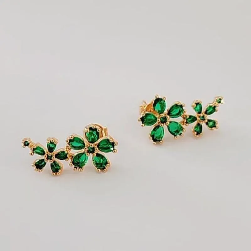 BRINCO EAR CUFF DOURADO FLORES VERDE ESMERALDA