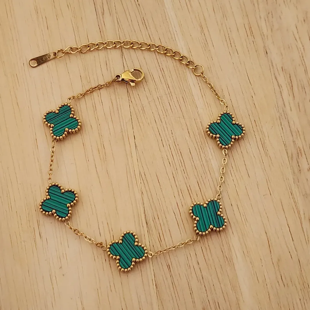 PULSEIRA AÇO DOURADA CINCO TREVOS VERDE G