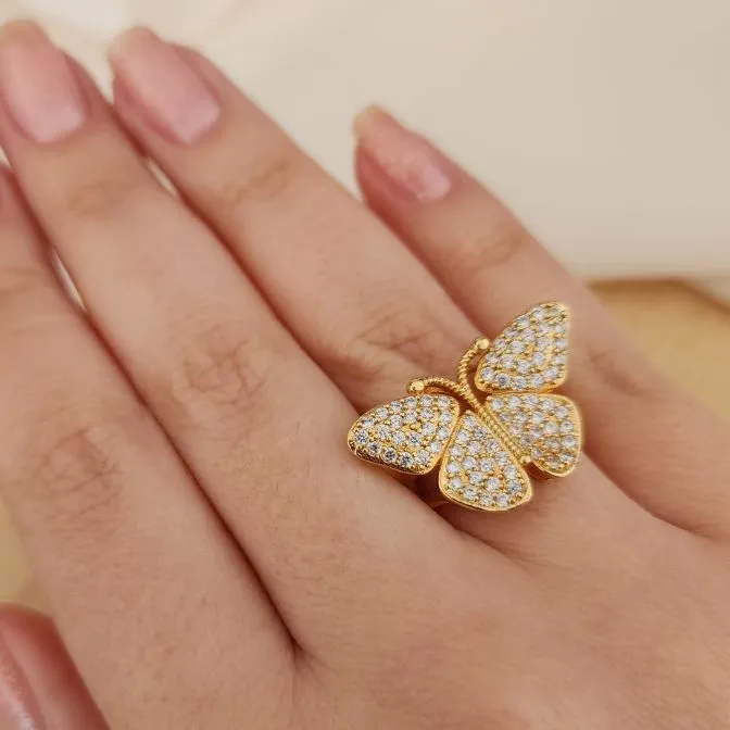 ANEL DOURADO BORBOLETA CRAVEJADA EM MICROZIRCÔNIAS CRISTAL