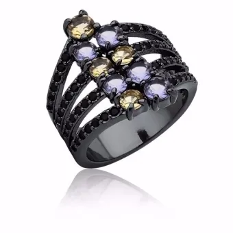ANEL QUATRO AROS E PEDRAS MULTICOLORIDO RÓDIO NEGRO