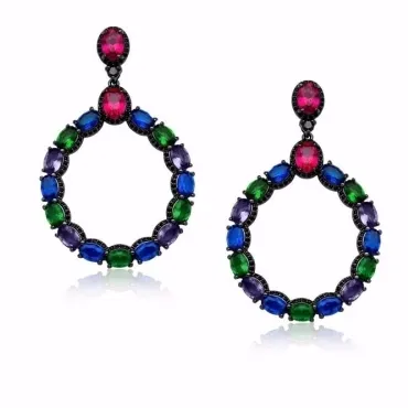 BRINCO GOTA GRANDE COM ZIRCÔNIAS COLORIDAS RÓDIO NEGRO