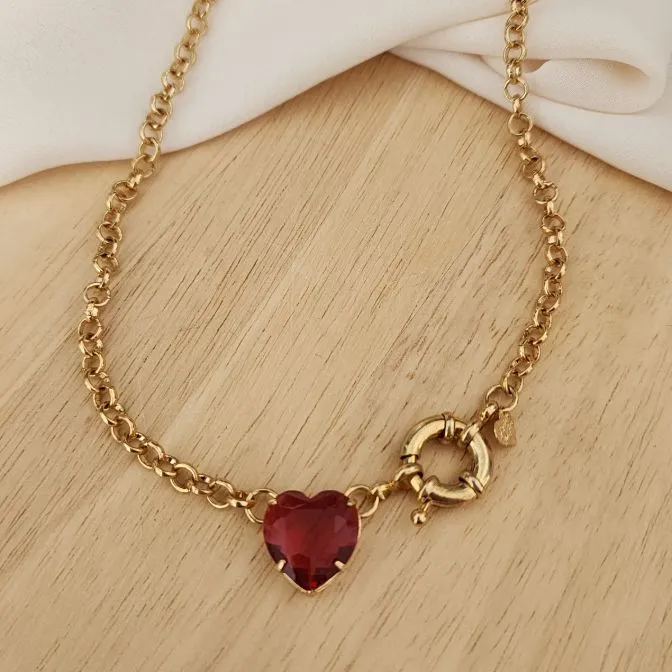 COLAR DOURADO CORRENTE ELO PORTUGUÊS CORAÇÃO ZIRCÔNIA RUBI FECHO BOIA