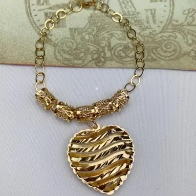 PULSEIRA DOURADA CORAÇÃO CORRENTE ELOS OVAIS CORAÇÃO