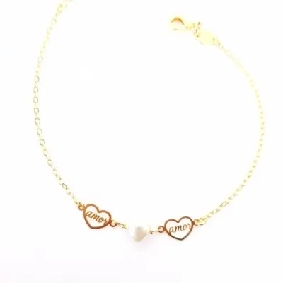 PULSEIRA DOURADA CORAÇÃO PÉROLA E AMOR