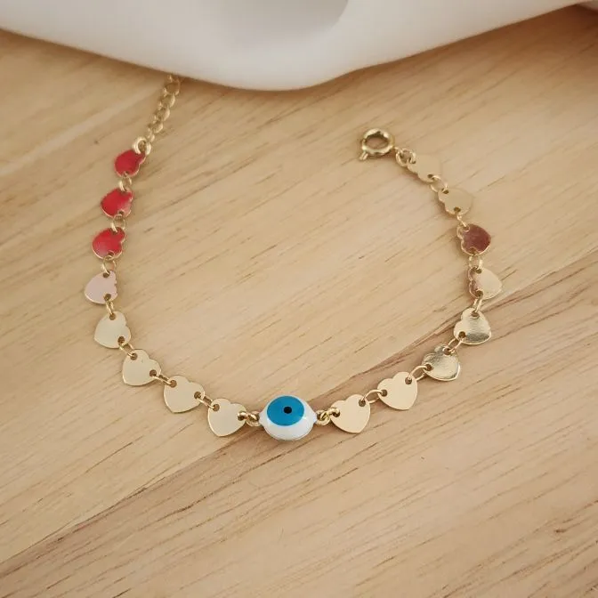 PULSEIRA DOURADA CORRENTE CORAÇÕES COM OLHO GREGO