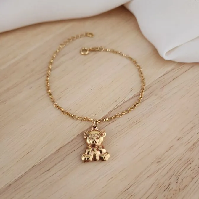 PULSEIRA DOURADA CORRENTE ELOS CORAÇÃO COM PINGENTE URSO