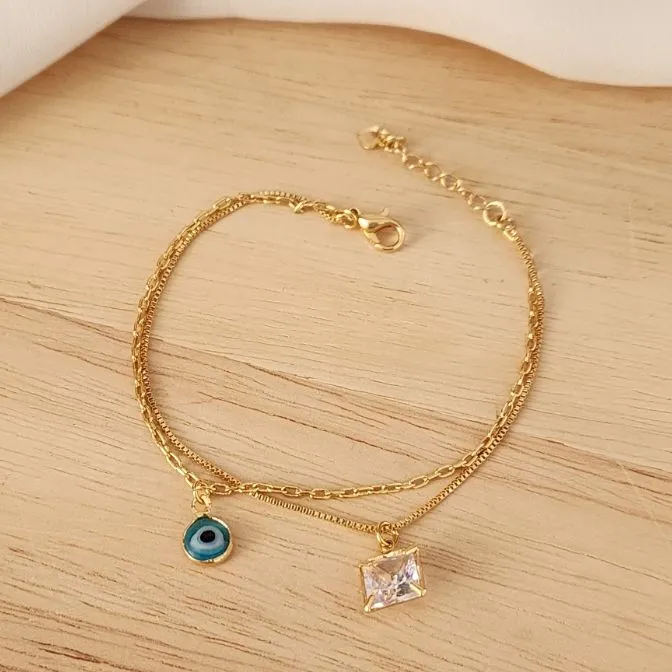 PULSEIRA DOURADA DOIS FIOS PINGENTE OLHO GREGO E PIRÂMIDE